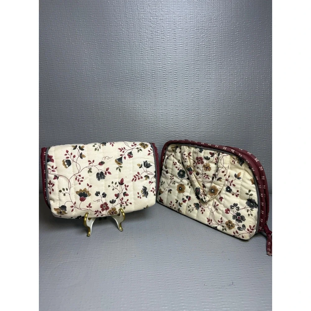 Totes Vintage Style Quilted Floral Makeup Bag & Mirror Pouch Set Cream Burgundy
